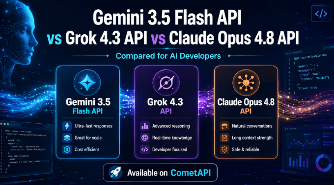 Gemini 3.5 Flash API, Grok 4.3 API, and Claude Opus 4.8 API Compared for AI Developers